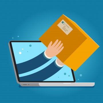 Hands coming out of a computer screen with a package